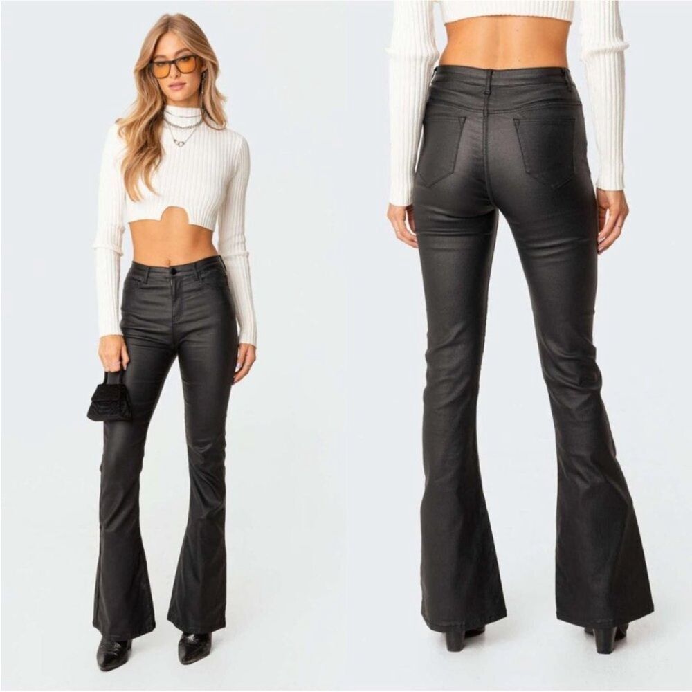 Edikted Luna Faux Leather Flare High Rise Pants Black Size Small